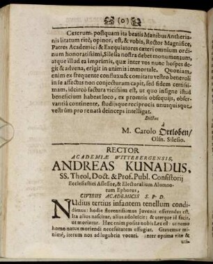 Rector Academiae Wittebergensis, Andreas Kunadus, ...