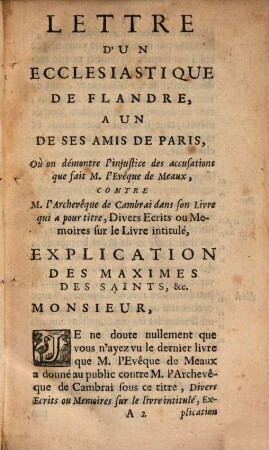 Lettre d'un ecclesiastique de Flandre à un des amis de Paris