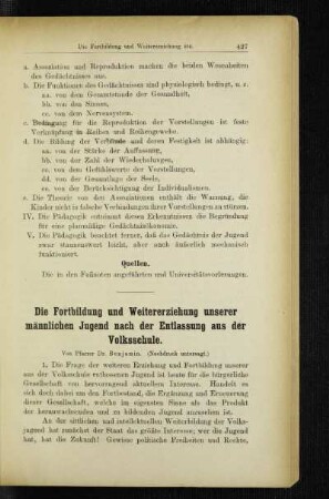 ¬Die¬ Fortbildung und Weitererziehung unserer männlichen Jugend nach der Entlassung aus der Volksschule