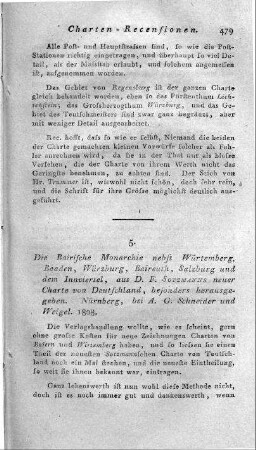 Die Baierische Monarchie : nebst Würtemberg, Baaden, Würzburg, Baireuth, Salzburg u. dem Innviertel / aus D. F. Sotzmanns neuer Charte von Deutschland besonders herausgegeben. - [Ca. 1:890.000]. - Nürnberg : A. G. Schneider u. Weigel, 1808. - 1 Kt. : Kupferstich. ; 58 x 69 cm. - Mit Annonce für "D.F. Sotzmanns Charte des Rhein Bundes 1808 neu entworfen in 4 grossen blättern..." unter d. Kartenrand