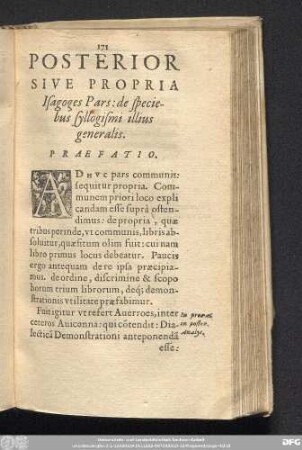 Posterior Sive Propria Isagoges Pars: de speciebus syllogismi illius generalis.