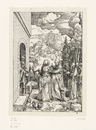 Heimsuchung, Blatt 9 aus: Albrecht Dürer, Epitome in Divae Parthenices Mariae Historiam ab Alberto Durero Norico per figuras digestam cum versibus annexis Chelidonii, Nürnberg 1511, S. B