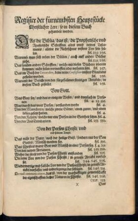 Register der fürnembsten Heupstücke Christlicher Lere/ so in diesem buch gehandelt werden.