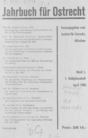 Jahrbuch für Ostrecht : JOR. 1. 1960