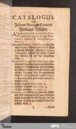 Catalogus. von Johann Bertram Cramers Verlags-Bücher
