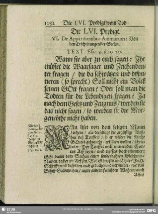 Die LVI. Predigt. VI. De Apparitionibus Animarum: Von den Erscheinungen der Seelen