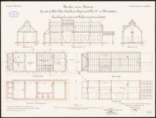 Artilleriekaserne II/27, Wiesbaden: Beschlagschmiede und Waffenmeisterwerkstatt: Grundriss Fundamente, Bankette, Erdgeschoss, Dachgeschoss, Sparrenlage, Längsschnitt, Querschnitte 1:100