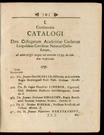 I. Continuatio Catalogi Dnn. Collegarum Academiae Caesarae Leopoldino Carolinae Naturae Curiosorum
