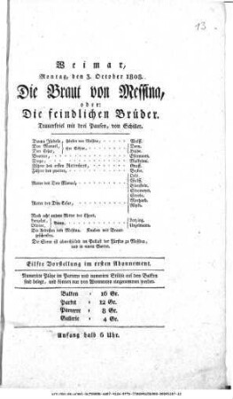 Die Braut von Messina, oder: Die feindlichen Brüder