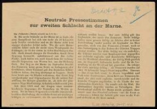 Neutrale Pressestimmen zur zweiten Schlacht an der Marne : Das "Volksrecht" (Zürich) schreibt am 3.8.18 ...