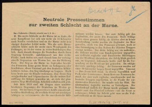Neutrale Pressestimmen zur zweiten Schlacht an der Marne : Das "Volksrecht" (Zürich) schreibt am 3.8.18 ...