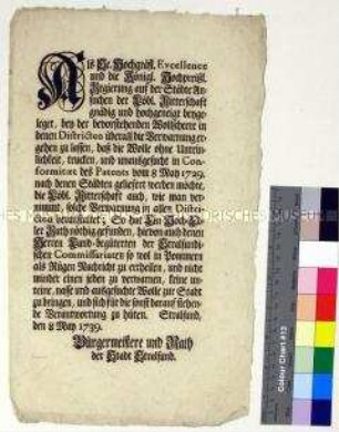 Bekanntmachung des Bürgermeisters und des Rats der Stadt Stralsund für Pommern und Rügen betreffs Schafschur und Wollablieferung