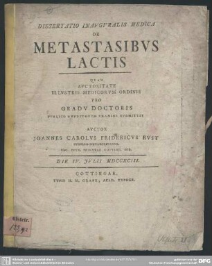 Dissertatio Inauguralis Medica De Metastasibus Lactis