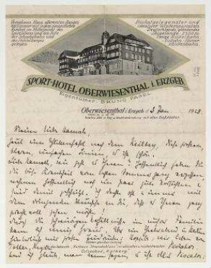 Brief von Ida Bienert an Hannah Höch. Oberwiesenthal i. Erzgebirge. Briefkopf: "SPORT-HOTEL OBERWIESENTHAL I. ERZGEB. [...]".