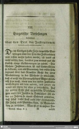 XIII. Exegetische Vorlesungen besonders über den Text der Institutionen
