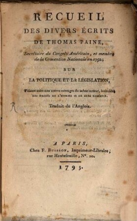 Recueil des divers Écrits ... sur la Politique