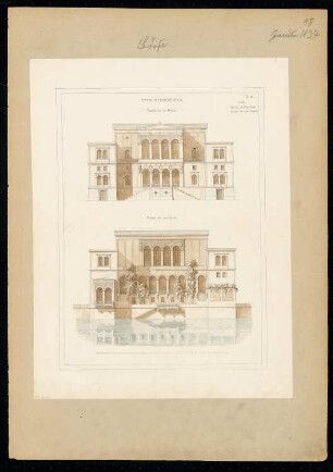 Börse Monatskonkurrenz Januar 1837: Aufriss Straßenansicht, Wasseransicht; Maßstabsleiste