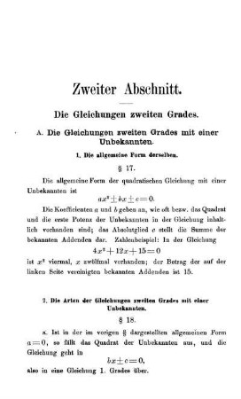 Zweiter Abschnitt. Die Gleichungen zweiten Grades. § 17-43.