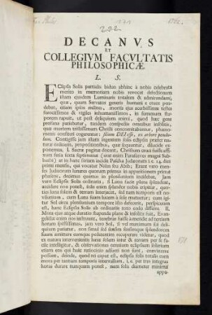 Decanvs Et Collegivm Facvltatis Philosophicae. L. S.