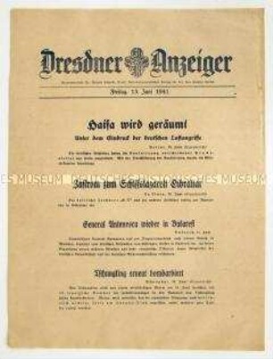 Nachrichtenblatt "Dresdner Anzeiger" u.a. zur teilweisen Räumung von Haifa infolge deutscher Luftangriffe