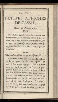 No CXVIII (Mardi 17 Aoust 1784)