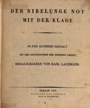 Der Nibelunge Not : mit der Klage