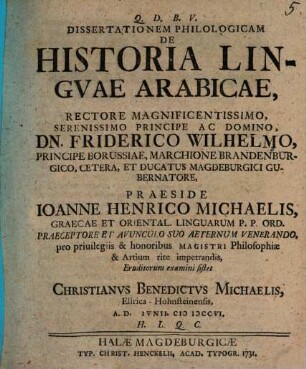 Dissertationem Philologicam De Historia Lingvae Arabicae