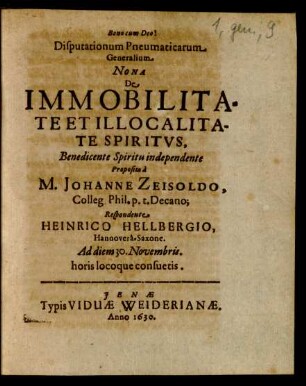 Ps. Generalis, De Spiritu eiusque Attributis, 9: De Immobilitate Et Illocalitate Spiritus : Ad diem 30. Novembris ...