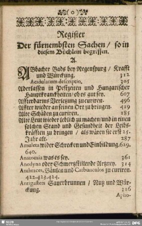 Register Der fürnembsten Sachen, so in diesem Büchlein begriffen