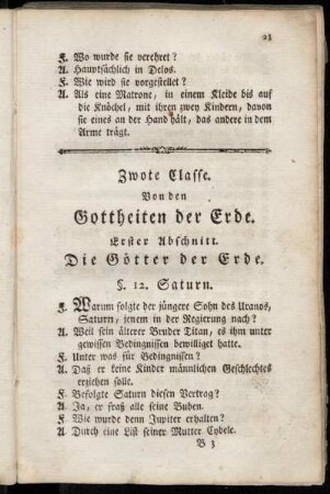 Zwote Classe. Von den Gottheiten der Erde.