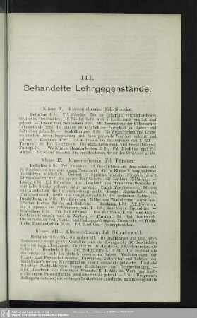 III. Behandelte Lehrgegenstände
