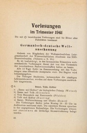 46-78, Vorlesungen im Trimester 1941