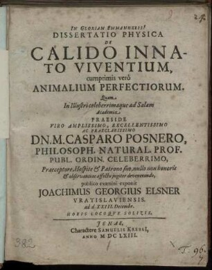 Dissertatio Physica De Calido Innato Viventium : cumprimis vero Animalium Perfectiorum