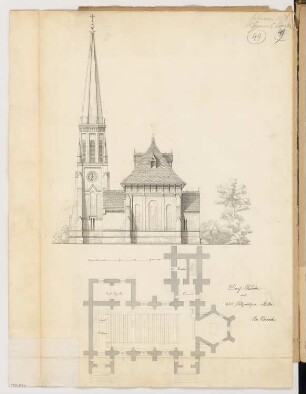 Dorfkirche mit 250 Sitzplätzen Monatskonkurrenz Februar 1866: Grundriss, Aufriss Seitenansicht; 1:120, Maßstabsleiste