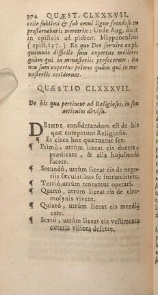 Quaestio CLXXXVII. De his qua pertinent ad Religiosos, in sex articulos divisa.