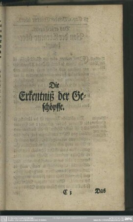 Die Erkentniß der Geschöpffe