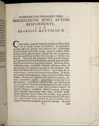 Clarissimo Doctissimoque Viro, Dissertationis Huius Autori Respondenti ...