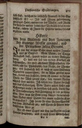 Historie von dem Atalmulc mit dem Zunamen der traurige Wessir genannt, und der Prinzessinn Zelica Beyume