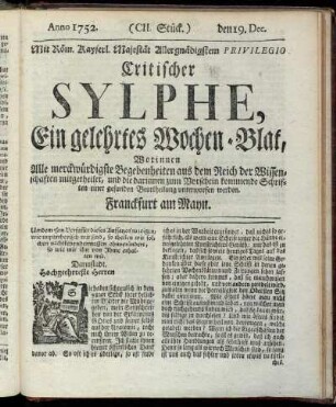 (CII. Stück.) den 19. Dec. Anno 1752.