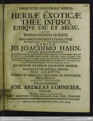 Dissertatio Inauguralis Medica, De Herbae Exoticae Thee Infuso Eiusque Usu Et Abusu