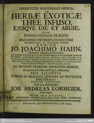 Dissertatio Inauguralis Medica, De Herbae Exoticae Thee Infuso Eiusque Usu Et Abusu