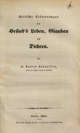 Kritische Erörterungen aus Hesiod's Leben, Glauben und Dichten