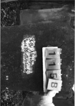 Grabstein 115 (Index: 99751901) Material: Sandstein Zustand: beschädigt/abgeblättert mit Textverlust Maße HxBxT: 156x54x24 cm Beschreibung: profil. Sockel, Abdeckplatte m. Volutenaufsatz m. Palmette, rechteck. Schriftfeld eing Symbolik: Voluten, Palmette, Ranken: Grabstein 115B