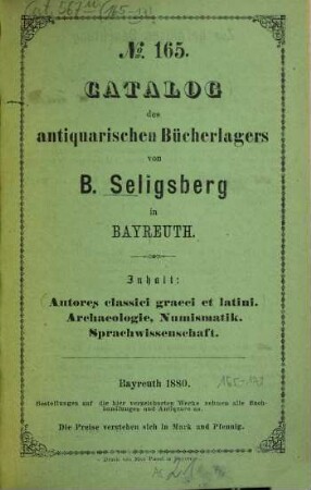 Antiquariats-Katalog. 165. 1880