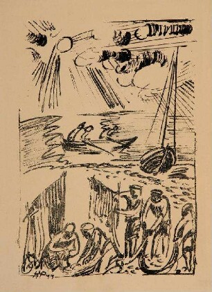 Boote und Fischer am Strand