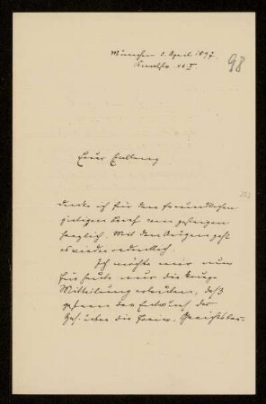 98: Brief von Karl von Unzer an Gottlieb Planck, München, 3.4.1897