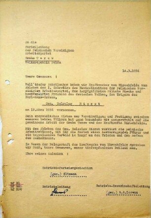 1.2.1 Zusammenarbeit VR Polen: Kondolenzschreiben zum Ableben von Boleslaw Bierut