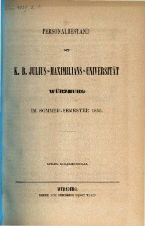 Personalbestand der Königlich-Bayerischen Julius-Maximilians-Universität Würzburg. 1855, 1855. SS.