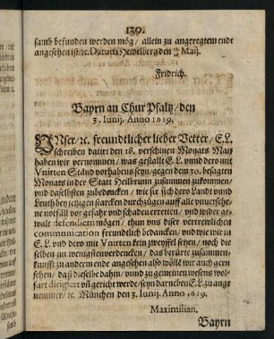 139, Bayrn an Chur Pfaltz den 3. Iunij Anno 1619