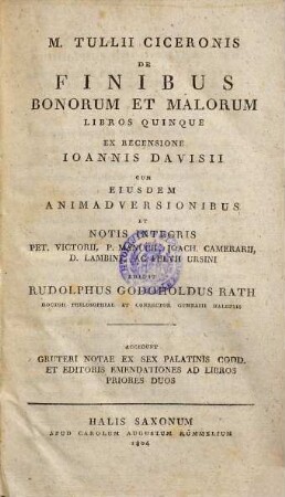 M. Tullii Ciceronis De Finibus Bonorum Et Malorum : Libros Quinque